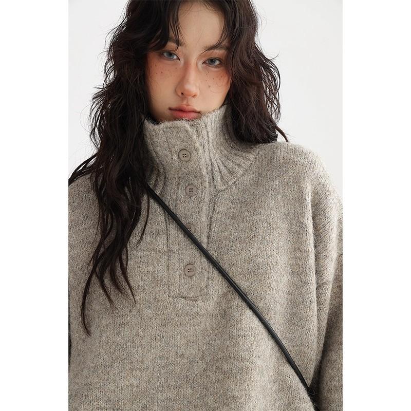 Womens Oversized Chunky Knit Sweater With Mock Neck Soft Wool Blend Loose Fit Winter Warm Top