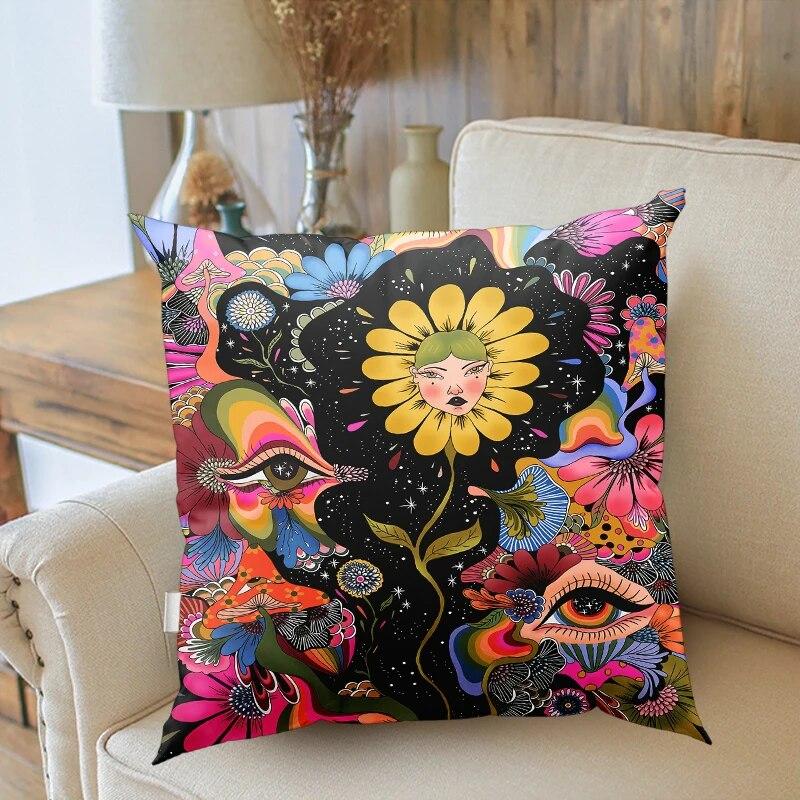 45x45cm Psychedelic Mushroom Pillowcase Plant Floral Eye Art Design Suitable for Bedroom Room Home Decoration Sofa Cushion Cover