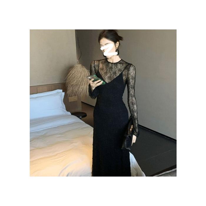Summer new French temperament celebrity hollow lace mesh suspender dress sexy style two-piece set S чёрный
