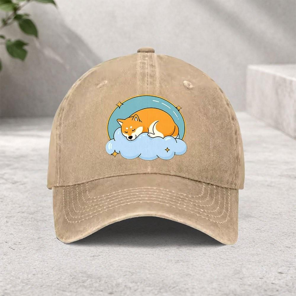 Sleeping Shiba Inu Cloud Graphic Washed Denim Baseball Cap Unisex Adjustable Outdoor Sun Hat