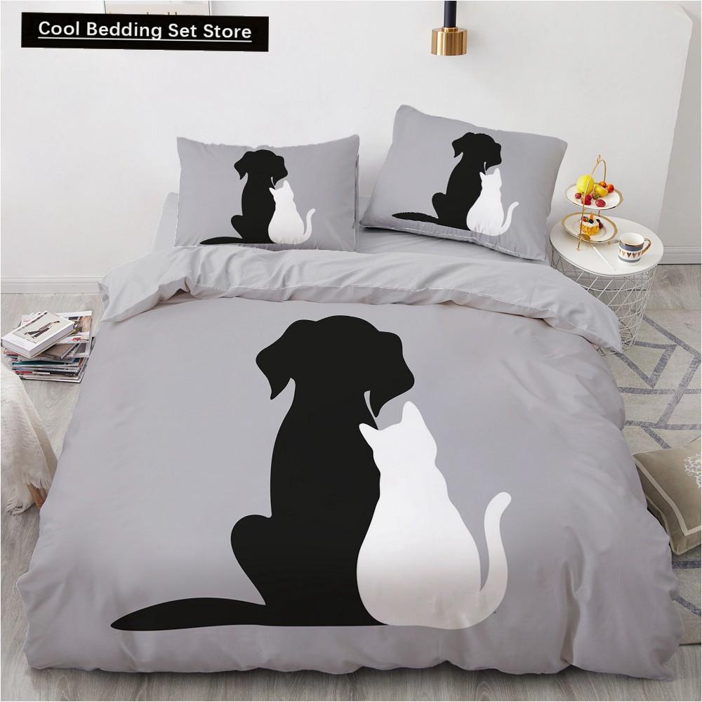 Dog Cat King Queen Duvet Cover Pet Kitty Puppy Bedding Set for Kids Teens Adults Lovely Animals Blue Soft 2/3pcs Quilt Cover