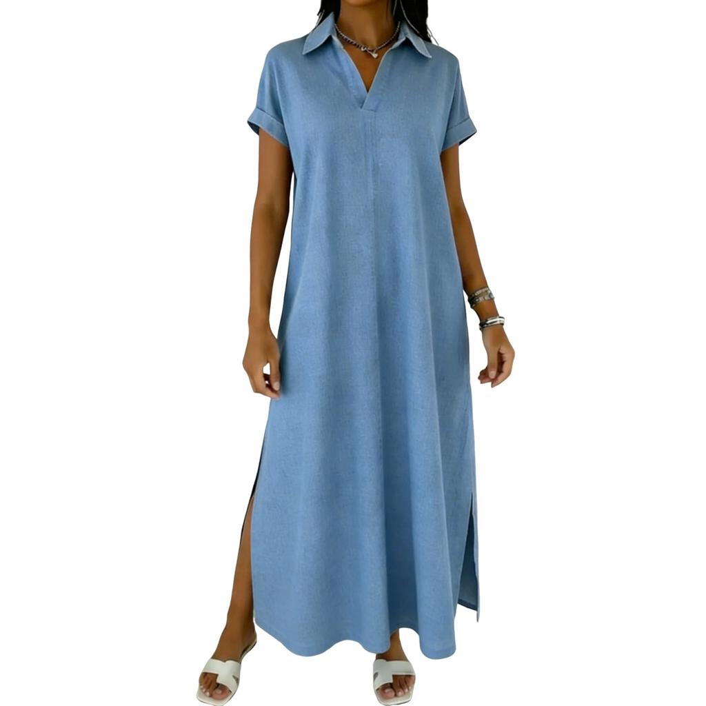 Women's Round-neck Short-sleeved -color Mid-length Loose-fitting Dress With Large Pockets And Casual