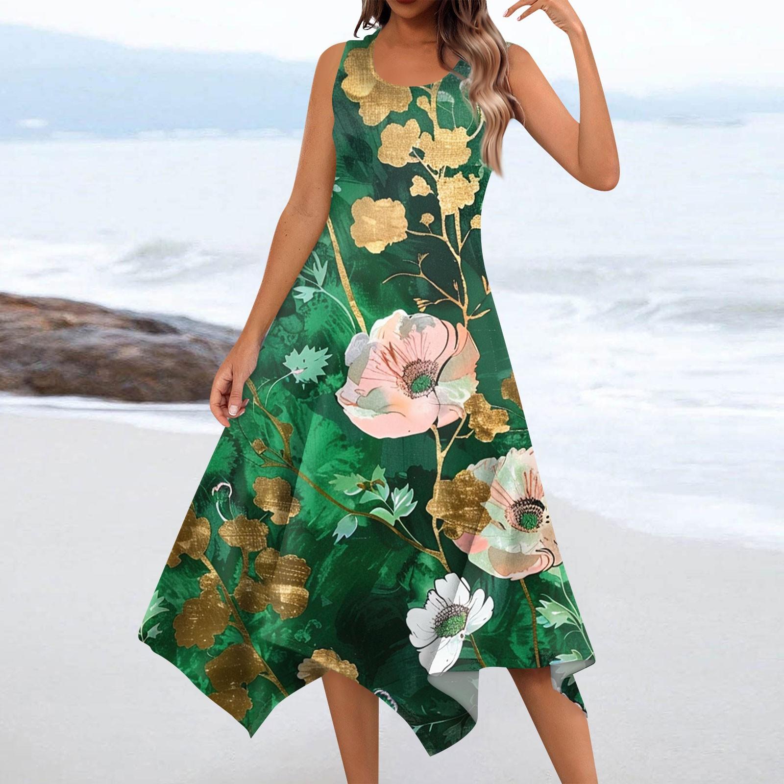 

Женское повседневное модное платье миди без рукавов с круглым вырезом и нерегулярным подолом с цветочным принтом M