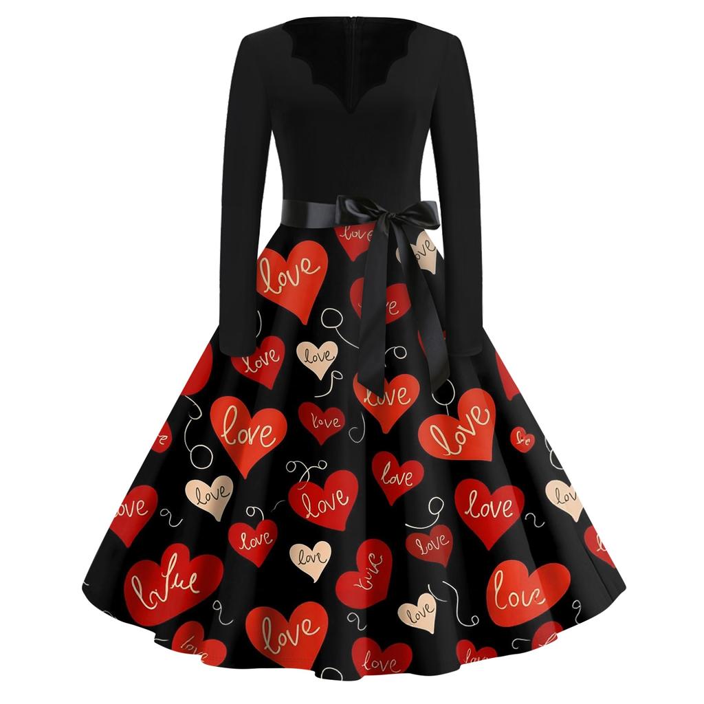 Print Flare Dress For Women Long Sleeve Dress Hollow Party Casual Dresses
