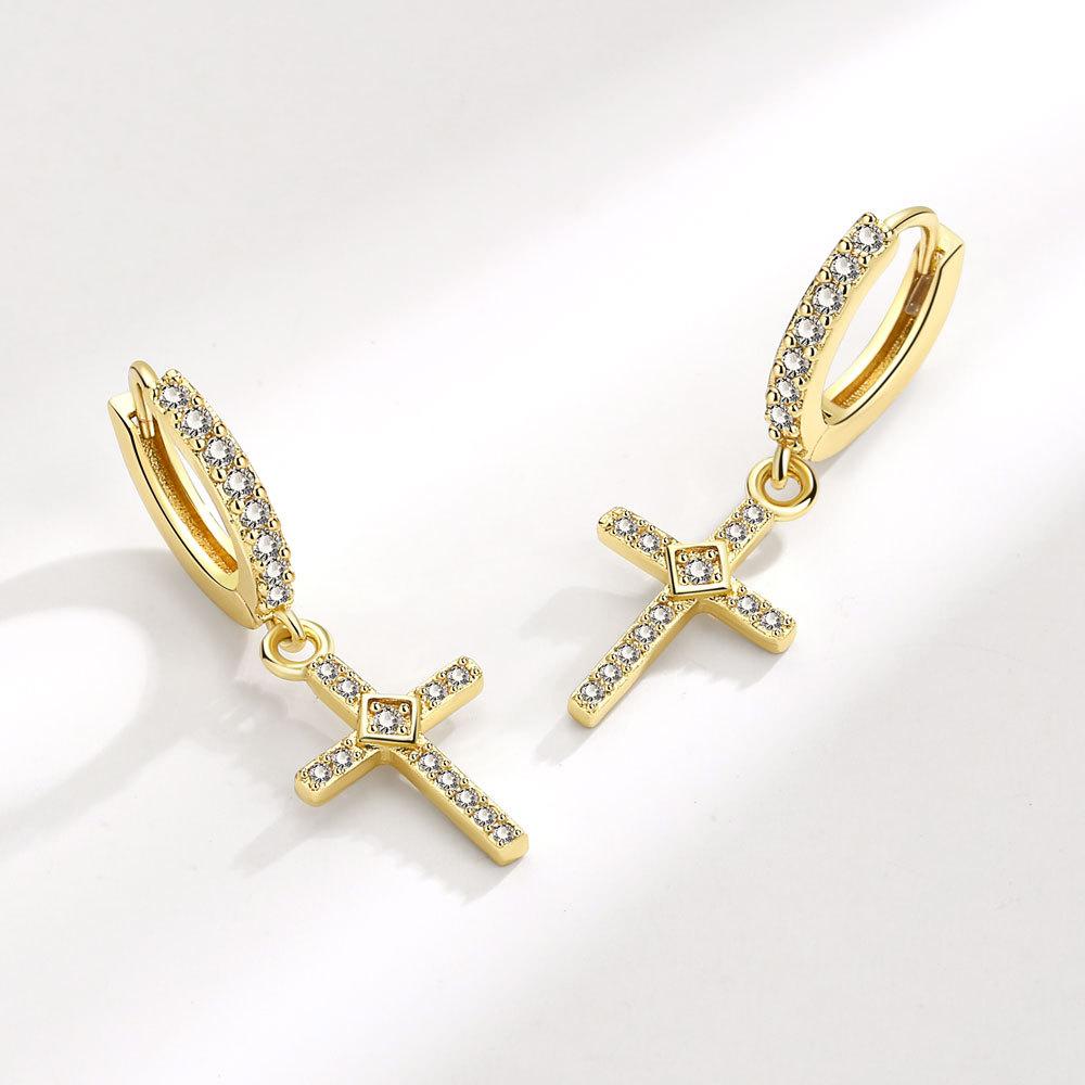 Gold Micro Paved Zircon Cross Hoop Earrings Fashionable And Exquisite Ear Ring Jewelry золотой
