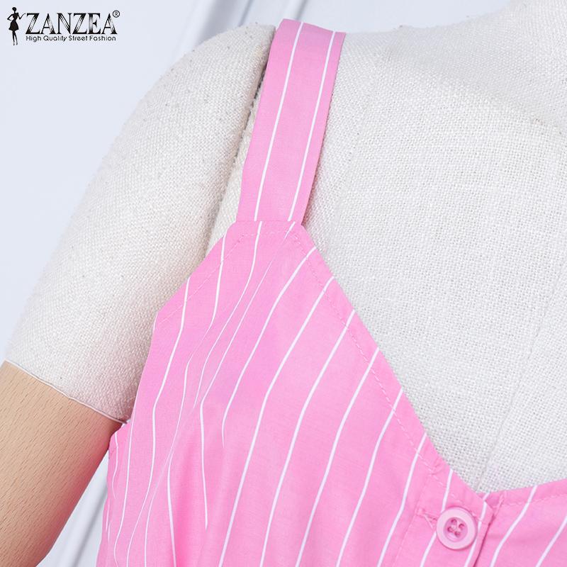 ZANZEA Damen Sommer V-Ausschnitt Lässig Ärmellos Streifenkleid