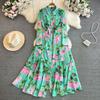Women's Collared Long Sleeve Maxi Dress High Waist Floral Print Shirt Dress