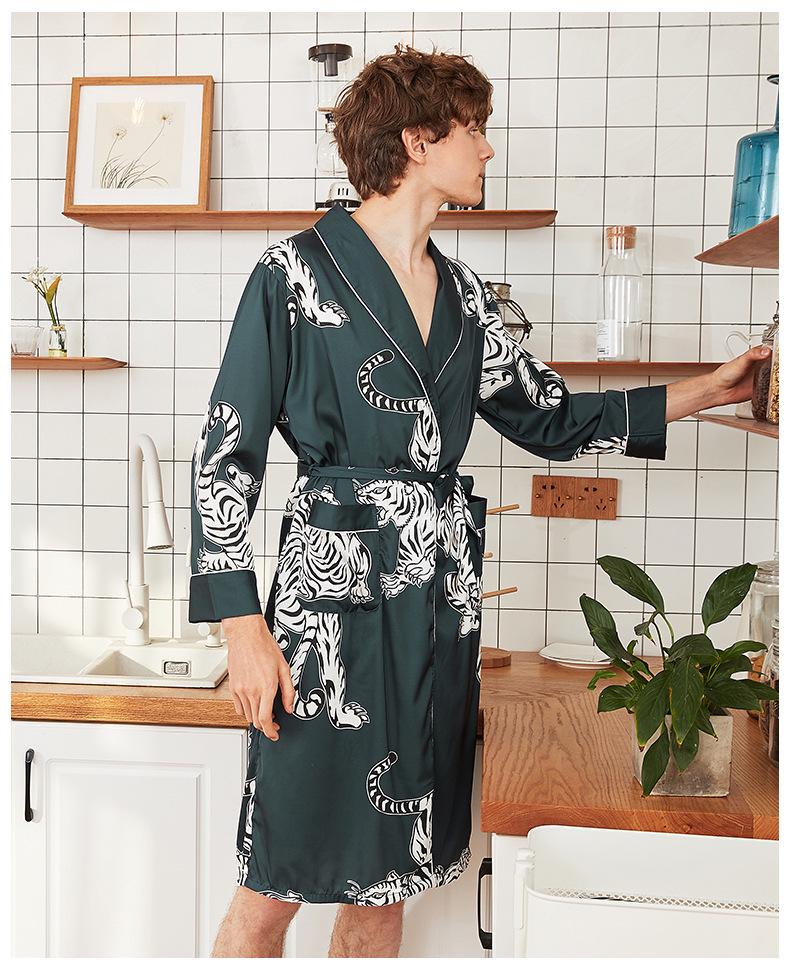 Yaoting Men's Long Sleeve Silk Pajamas and Robe Set, Ice Silk Fabric, WP032