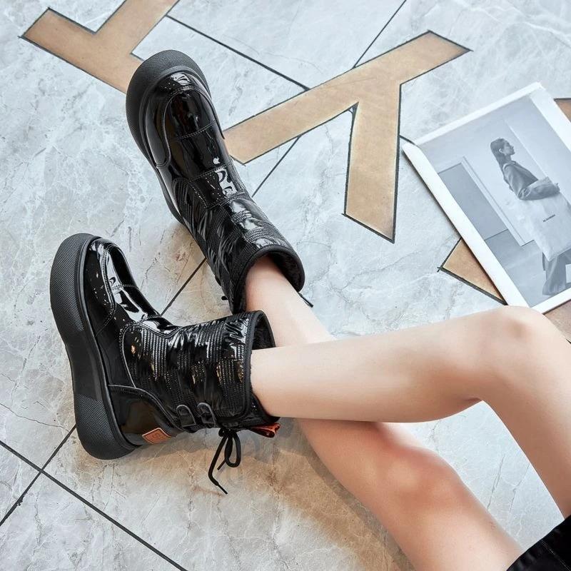 Fashion Round Toe Black Women's Snow Boots Fleece-lined and Extra Thick Work New Rock Comfortable Elegant Goth High Quality Ladies Shoes