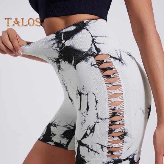 Short de yoga coupe slim haute élasticité contrôle du ventre sans couture séchage rapide tie-dye ajouré anti-exposition fesses relevées taille haute douce jogging course à pied