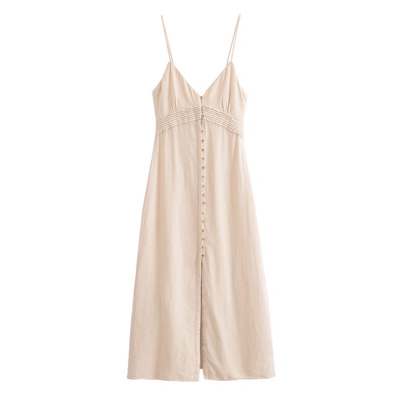 European & American Style 2026 Linen Blend Button-Up Strap Dress 7964709 Extra Small бежевый