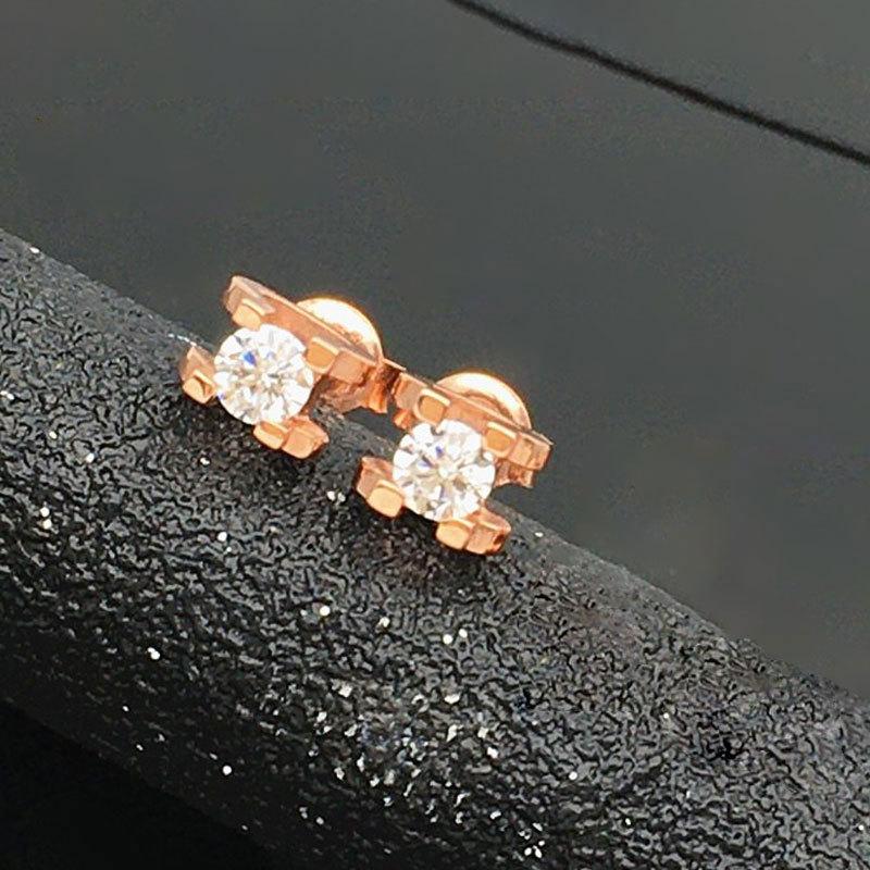 Rose Gold Plated Fashion Pure Purple Gold Earrings, Small Bull S Head White Zircon Exquisite Stud Earrings.
