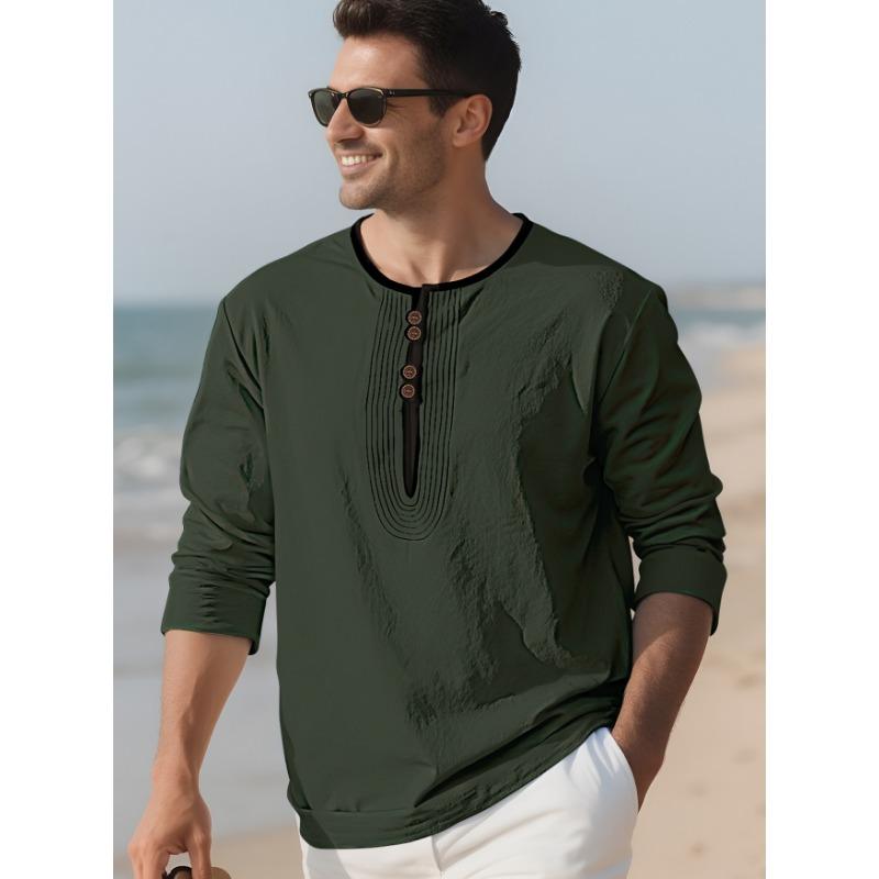 

Men s Casual Henley Neck Long Sleeve Tunic Top with Pleated Detail 3XL армія зелений колір