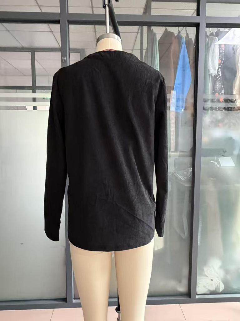 European & American Solid Corduroy V-Neck Long Sleeve Women's Top, Autumn Winter 2025.