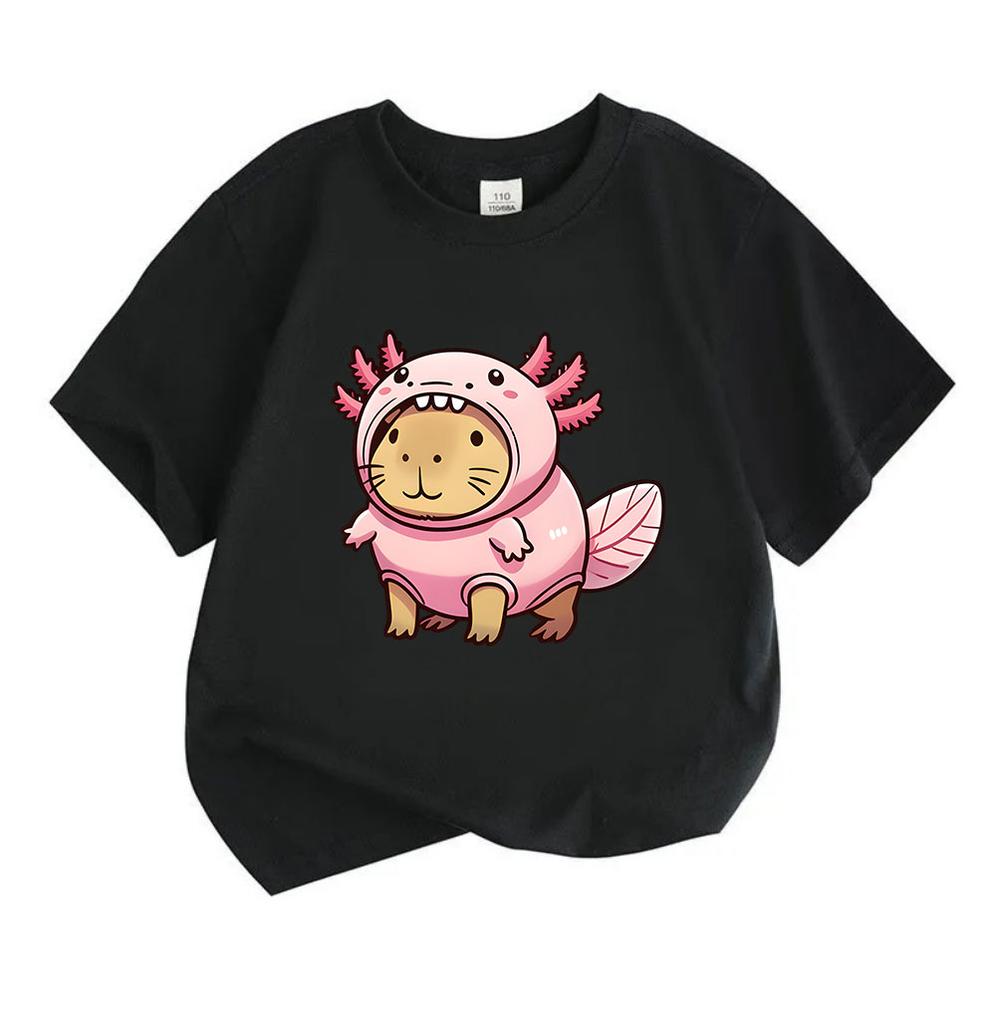 Kids Boys Girls 100% Cotton Crew Neck Short Sleeve T-Shirt, Cute Capybara In Axolotl Costume Printed Casual Soft Breathable Summer Tee For Children Da