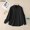 VONDA Women Casual Round Neck Ruffled Long Sleeve Solid Color Baggy Blouse