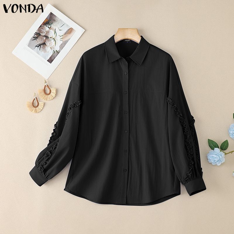VONDA Women Casual Round Neck Ruffled Long Sleeve Solid Color Baggy Blouse