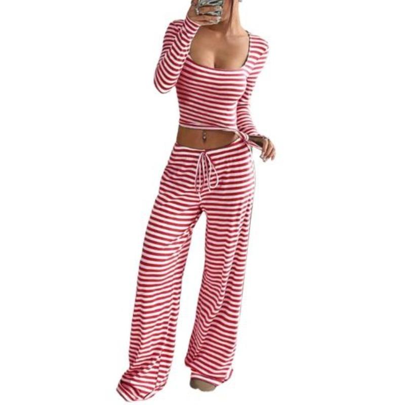 

Женские полосатые костюмы-двойки, кроп-топ с квадратным вырезом и длинными рукавами, брюки с широкими штанинами на кулиске, повседневные спортивные костюмы для отдыха S красный