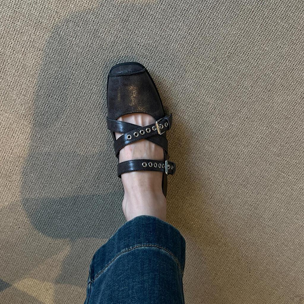 Sheepskin Version~ Shallow Mouth Ballet Shoes Women's Cross Buckle Square Head Leather Single Shoes Retro Sports Mary Jane Shoes