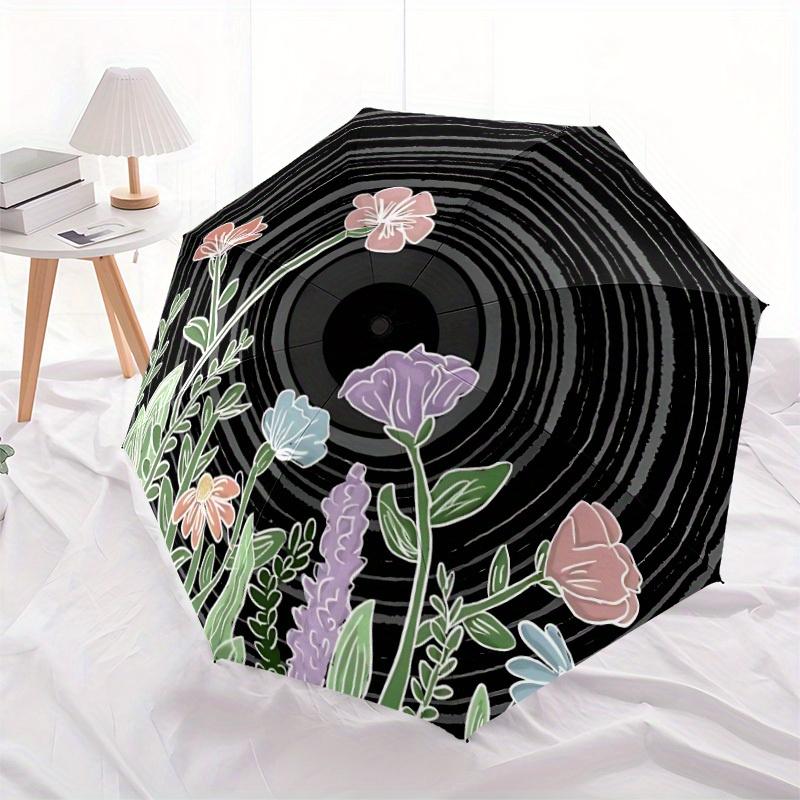 1pc Vinyl Record Flowers Automatic Open/Close Umbrella, Umbrella with Cartoon Design, Portable Compact Umbrella for Men & Women, Good Holida