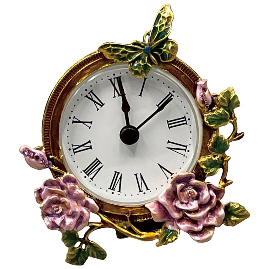 Vintage Mini Table Clock Quiet Analog Design Handpainted Metal Floral Butterfly Body Desk Clock for Bedroom and Office