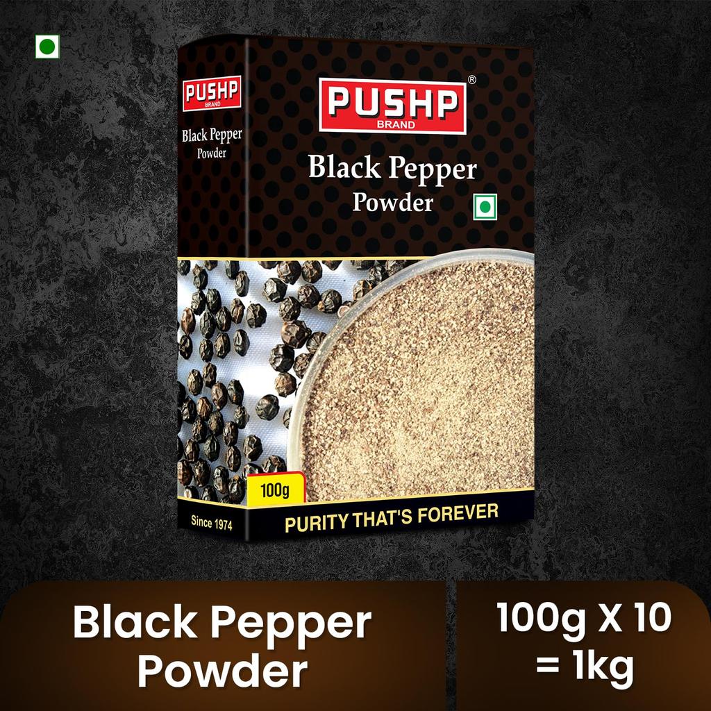 Pushp Premium Black Pepper Powder 100g Pack Of 10 Pure Natural Kali Mirch For Authentic Indian Cooking Soups And Gravies