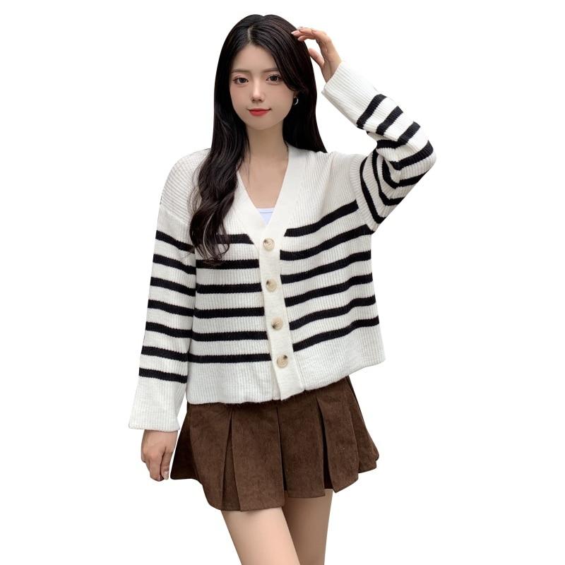 Retro Striped Cardigan Coat Long Sleeve 
