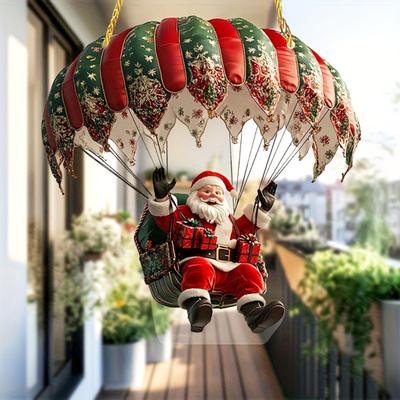 Yousheng Hot Air Balloon Christmas Ornament 2D Flat Acrylic Santa Claus On A Hot Air Balloon Xmas Tree Hanging Ornament for Tree Window Wall Decor