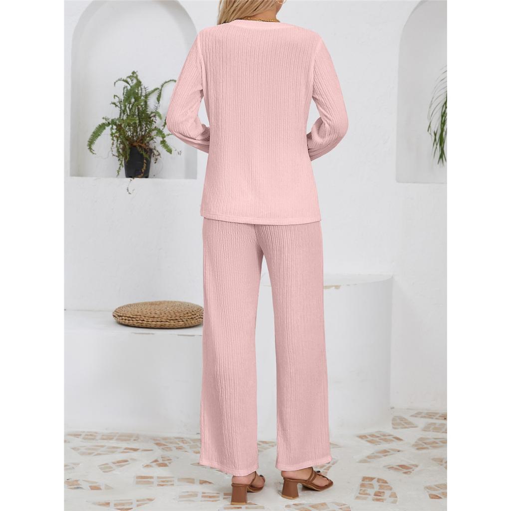 Women's Sets Casual Loose Knitted Jacquard Long-sleeved Crew Neck Top High Waist Drawstring Trousers