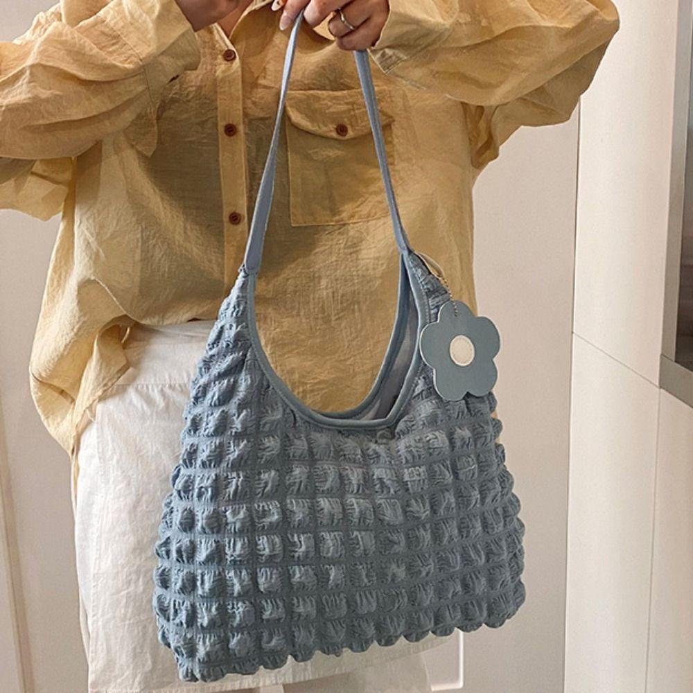 

Flower Pendant Light Weight Tote Bag Plaid Fold Cloud Bag Office Worker білий/синій