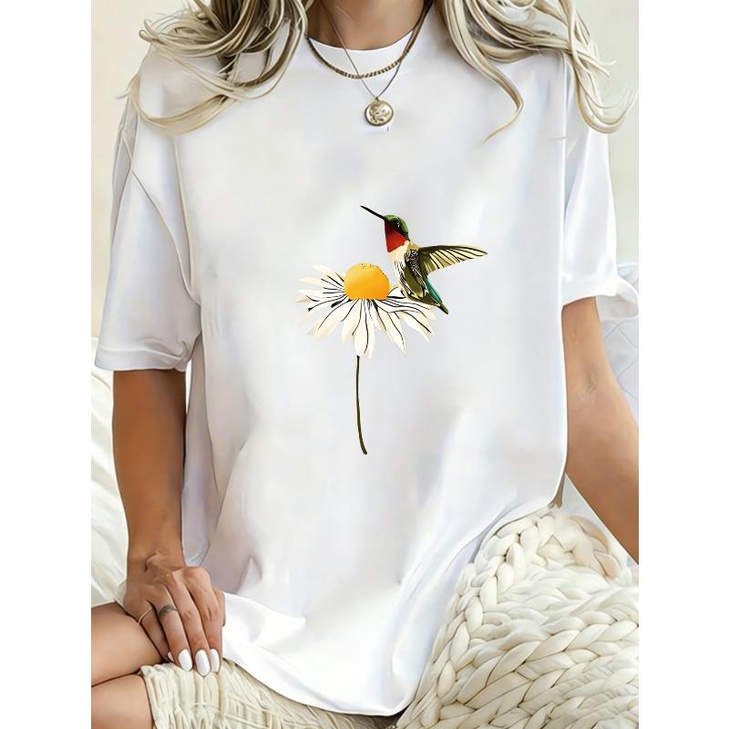 Oversized T Shirt Dress Black Hummingbird And Daisy Print Casual Wear For Women
