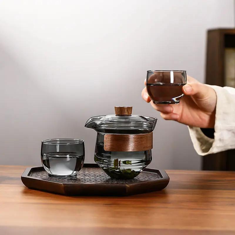 Chinese Kung Fu Tea Set, Clear Glass Gaiwan and Cups, Anti-scald Tureen, Hand Grip Pot, Household Teaware, Lid with Filter Holes