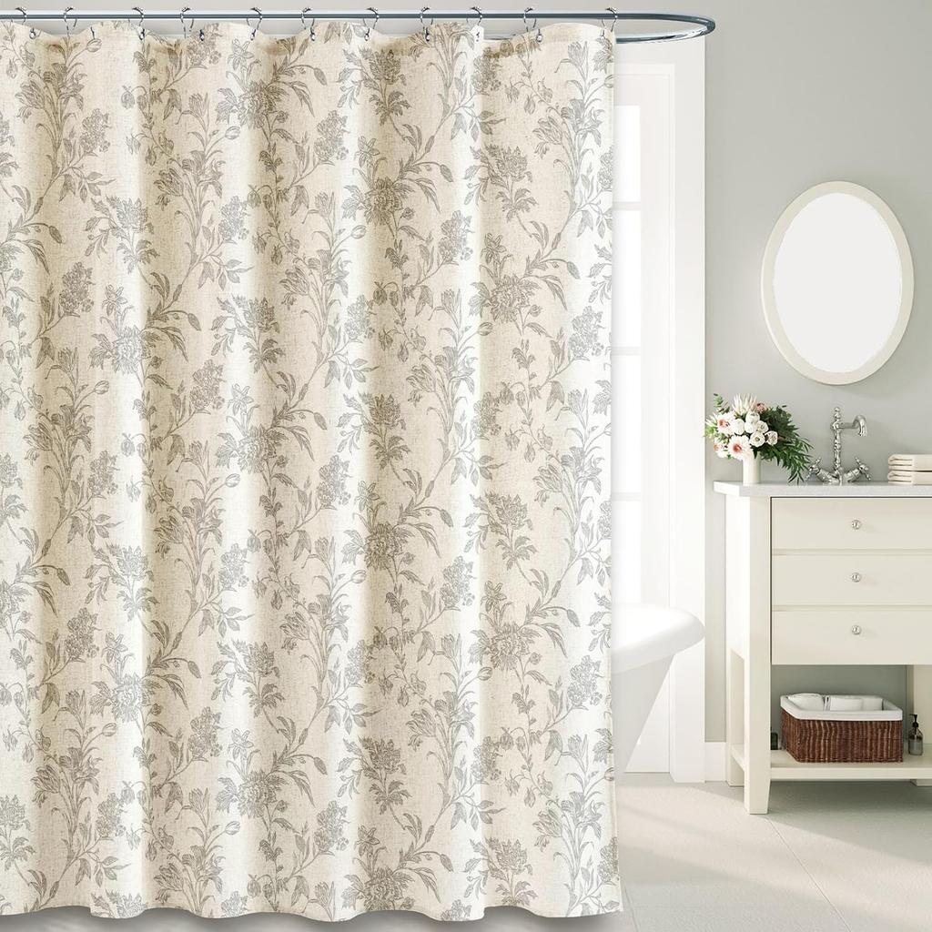 Blue Floral Cotton Shower Curtain Rustic Pastoral Waterproof Plastic Bathroom Liner With Fresh Flower Pattern