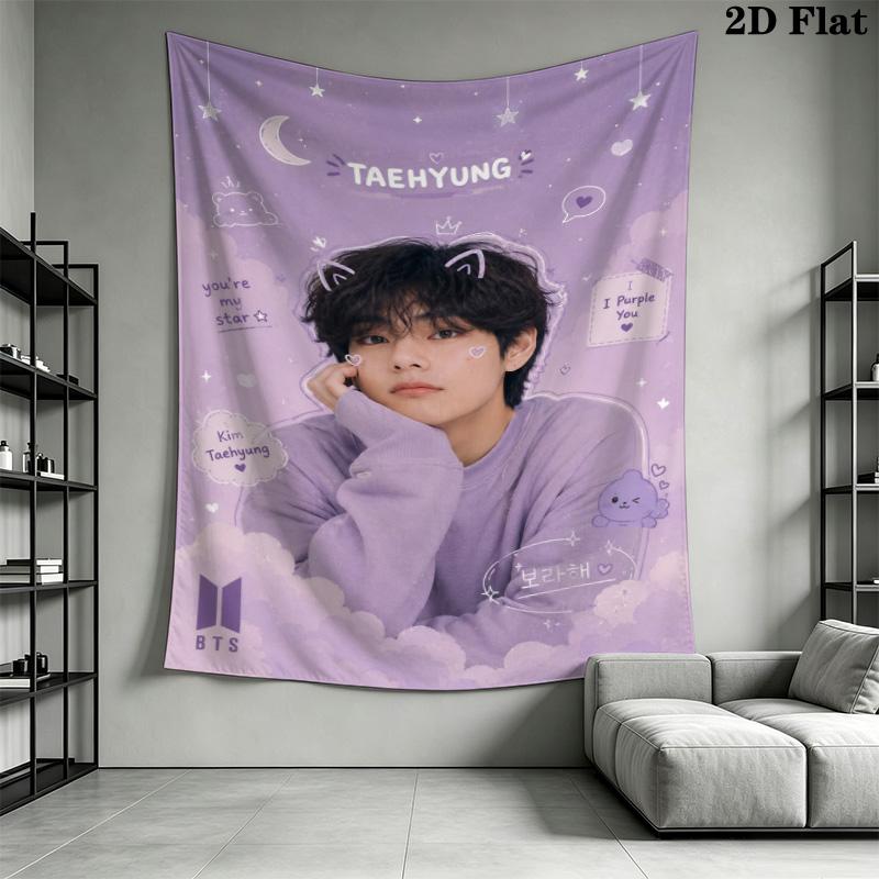 Cute Purple Star Moon Portrait Tapestry, Sweet Cartoon Cloud Decor Wall Hanging for Teen Girl Bedroom