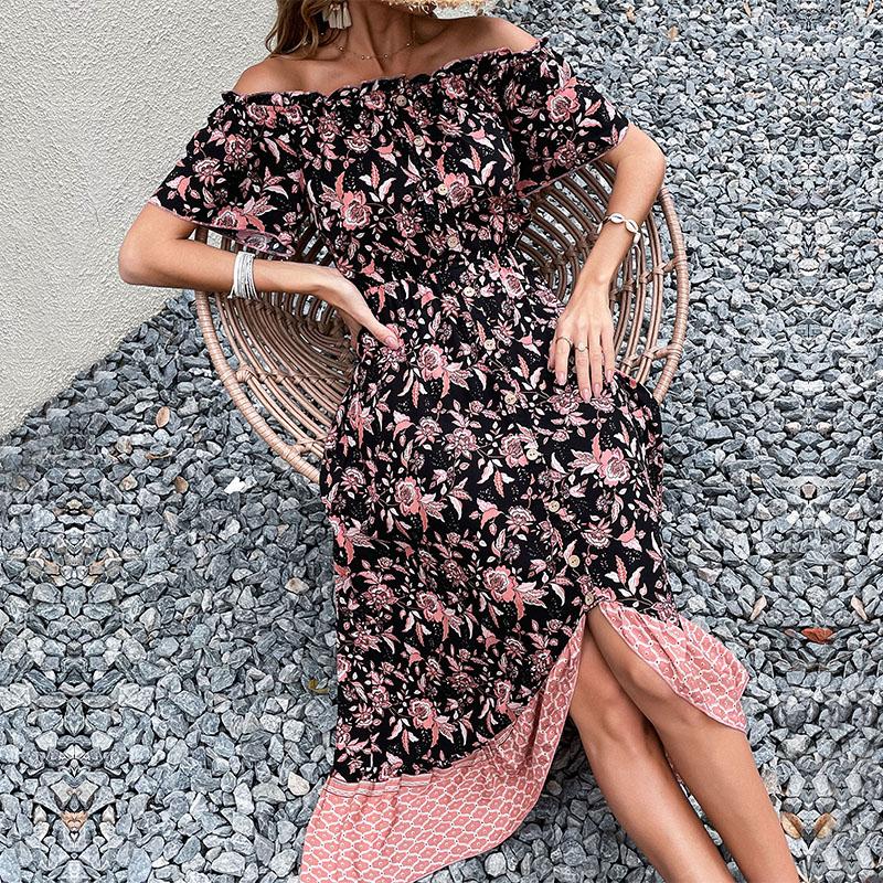 Dámská móda Léto Jaro Květinový potisk Neformální šaty s krátkým rukávem