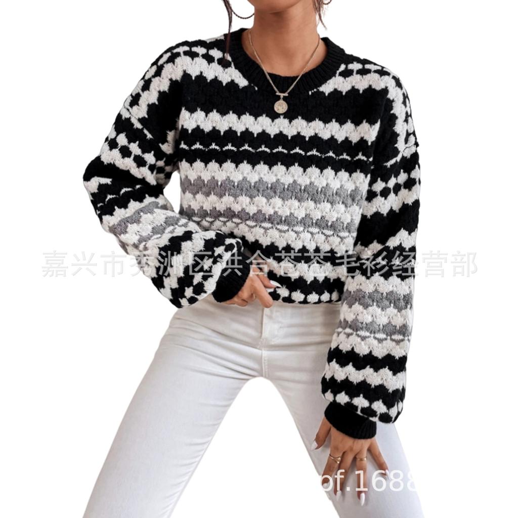 Autumn/winter new cross-border black-and-white striped color-block knit sweater, loose versatile pullover, mid-length lazy sweater for women