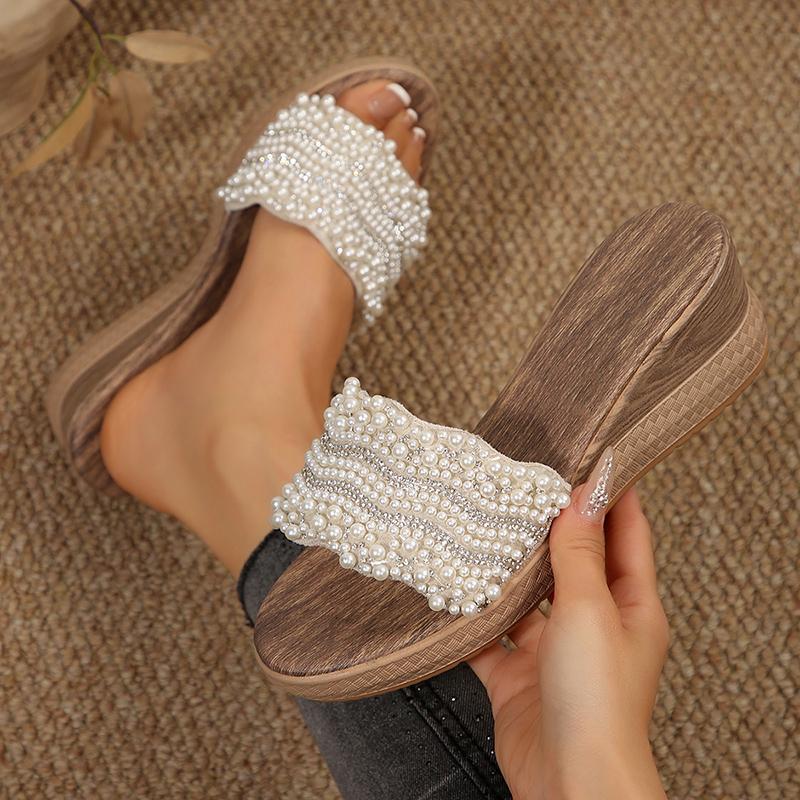 Fashion Fashion Pearl Decor Wedge Sandals for Women 2025 Summer Shiny Crystal Platform Slippers Woman Thick Sole Non Slip Outdoor Slides
