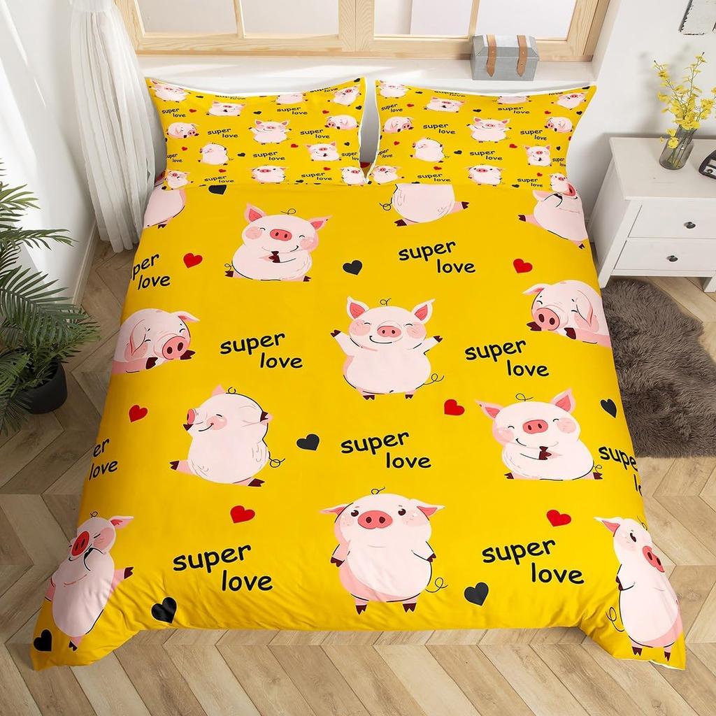 Pink Pig Duvet Cover For Girls Kawaii Room Decor Twin, Rose Floral Leaves Comforter Cover Cute Farm Animal Cartoon Bedding Set