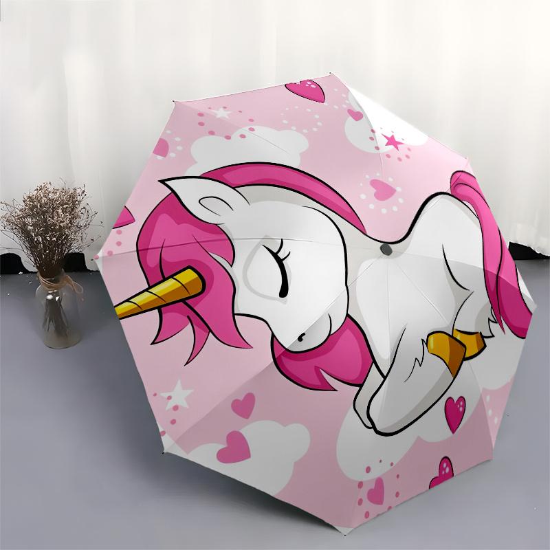 Unicorn, Hearts Automatic Folding Umbrella  8 Ribs, Durable Iron Frame, Bright Color Pattern Compact Travel Umbrella, Suitable for Outdoor,