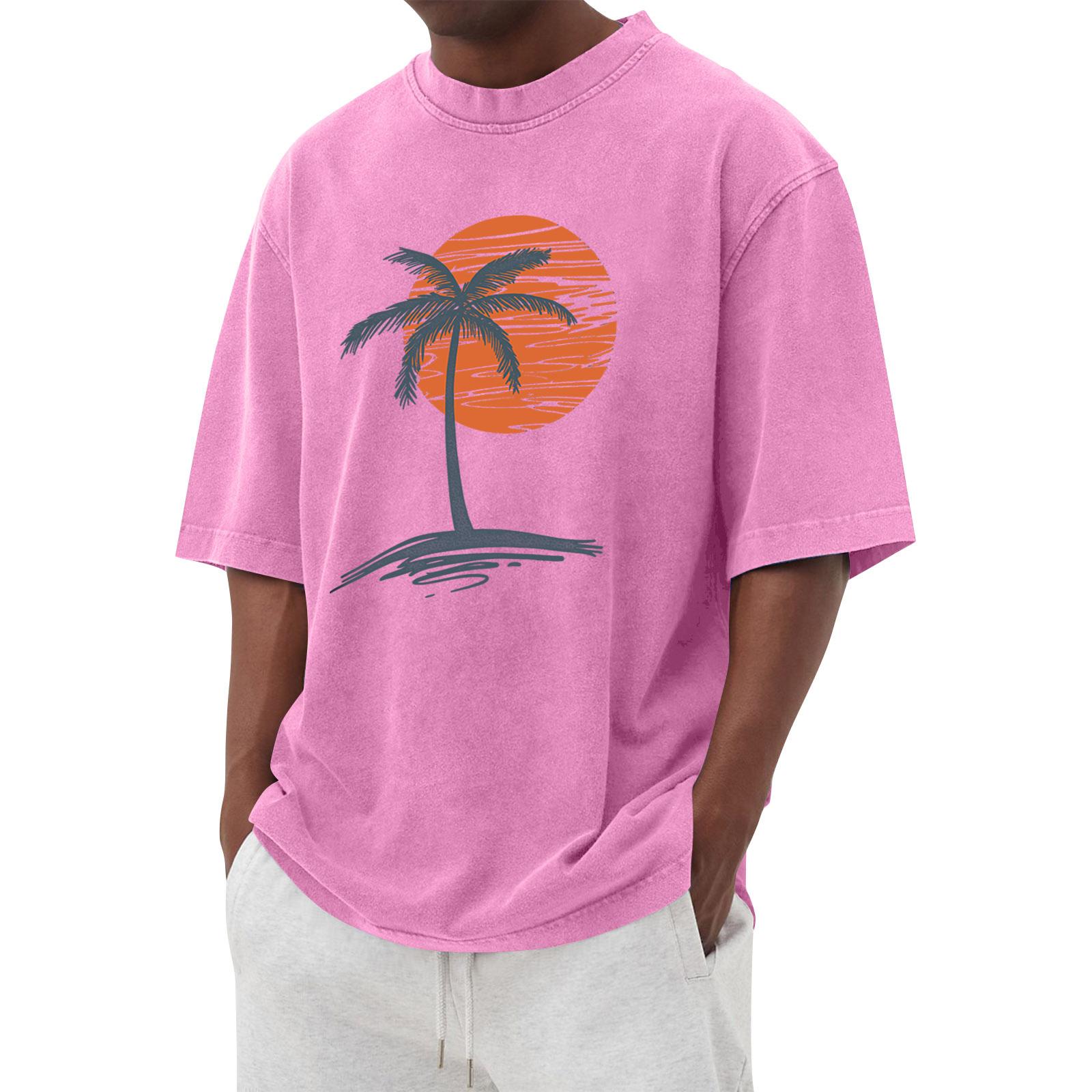

Loose Fit Crew Neck Short Sleeve T Shirt with Tree and Sun Graphic Print Casual Unisex Top for Daily Wear XXL розовый