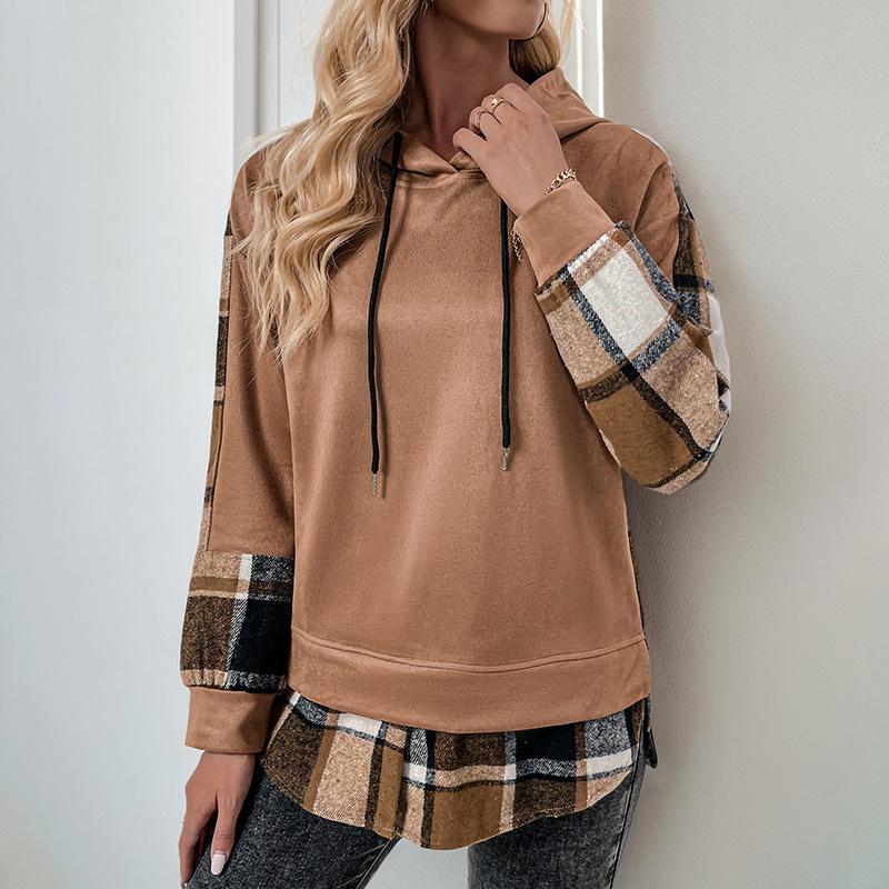 New Autumn and Winter Casual Retro Style Top, Long-sleeved Checked and Fleece Faux Two-piece Hooded Sweatshirt for Women