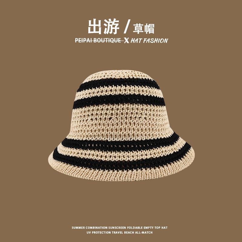 Women's Straw Hat Woven Sunshade Beach Hat Summer Hollow Breathable Bucket Hat Beach Sunshade Hat