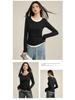 2025 Women's Slim Fit Black Lyocell Faux Two-Piece Long Sleeve T-Shirt
