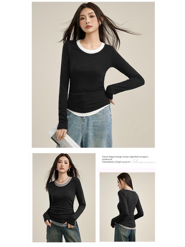 2025 Women's Slim Fit Black Lyocell Faux Two-Piece Long Sleeve T-Shirt