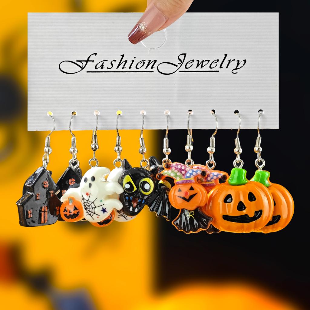 Neues Halloween Niedlich Lustig Kürbis Fledermaus Geist Schwarze Katze Spinne Hexenhut Harz Anhänger Ohrringe Halloween Geschenkset