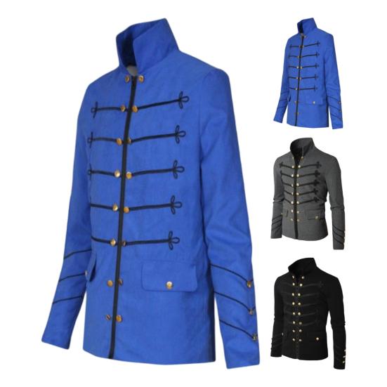 Men Gothic Jacket Embroidered Buttons Stand Collar Rock Frock Coat Vintage Punk Slim Fit Outwear Cosplay Costume