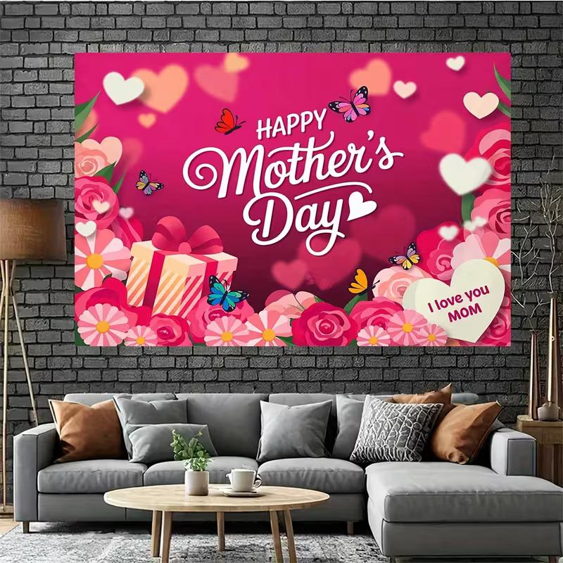 2D Romantic Mother's Day Backdrop Pink Heart and Flower Butterfly Decoration for Photo Booth
