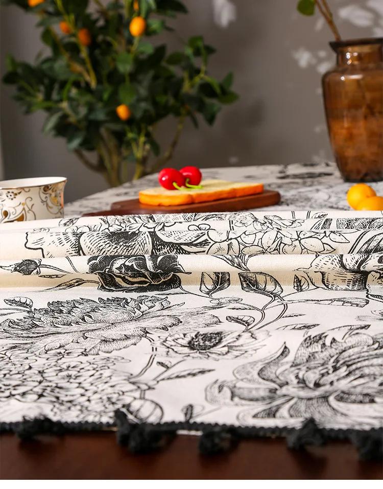 Black Floral Patterned Tablecloth Tassel Edge Anti Slip and Wear-resistant Tabletop Cover American Round Rectangular Tablecloth
