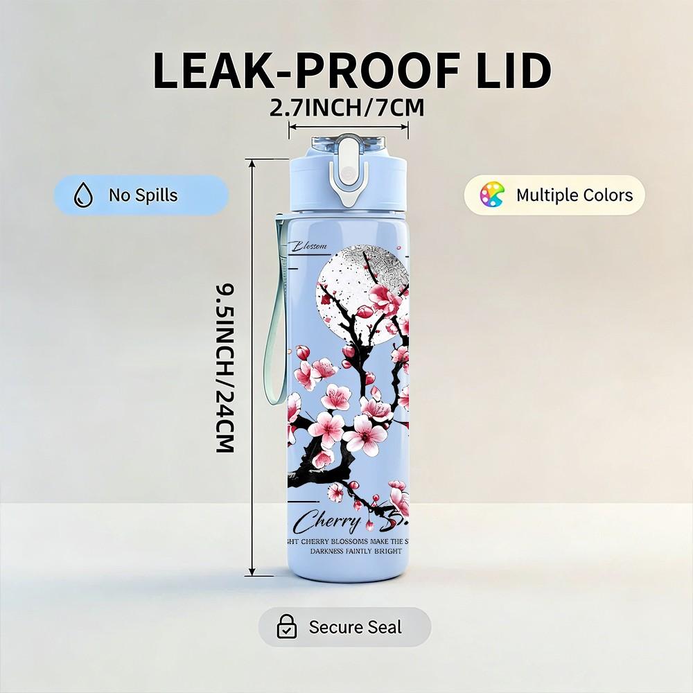 1PC Cherry Blossom Branch Asian Floral Print 750ml Color Plastic Sports Water Bottle Leakproof Flip Straw Lid Suitable for Sports Office Home Use