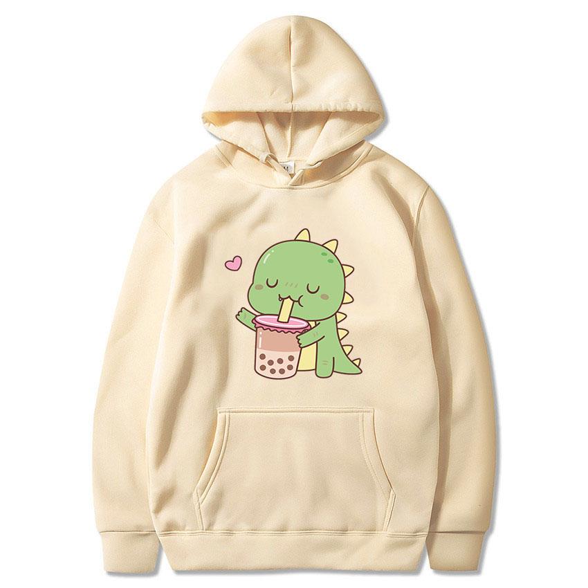 Bubble Tea Kawaii Dinosaur Print Hoodies 2021 Woman Man Autumn Hooded Clothes Milk Tea Pullover Female Hip Hop Casual Streetwear